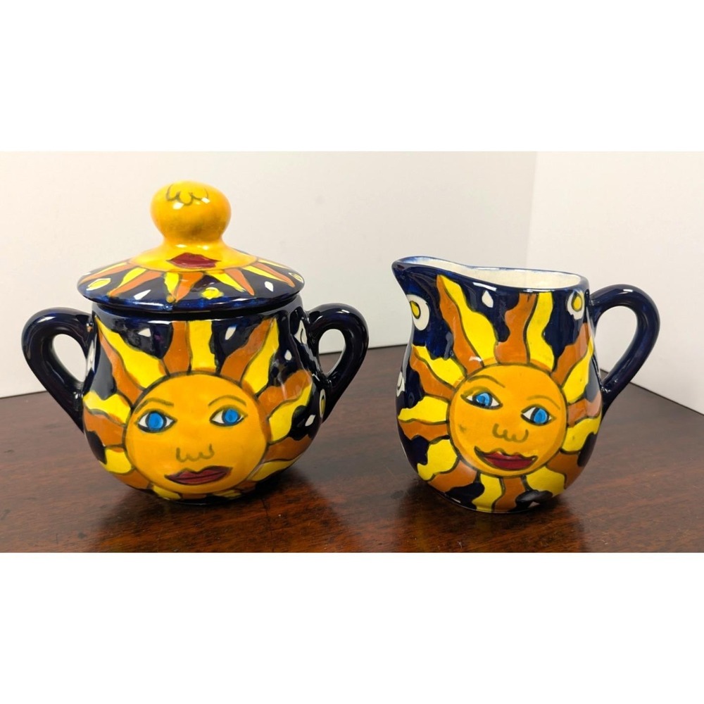 Hand Painted Mexican Talavera Sun Face Creamer & Covered Sugar Bowl Lead Free